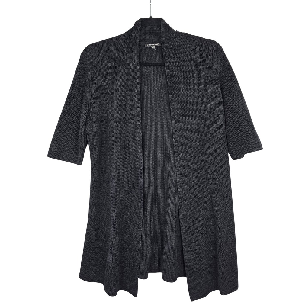 Eileen Fisher Cotton Silk Ribbed Open Front Cardigan Black Women's Medium